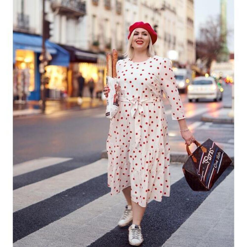 Eloquii the‎ Puff Sleeve Tiered Dress red polka dots waist tie, plus size 22